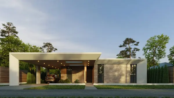Moderní Jednopatrový Dům Panoramatickými Okny Dům Plochou Střechou Unikátní Fasádou Royalty Free Stock Obrázky