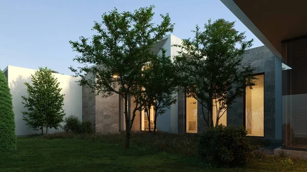 Moderní Jednopatrový Dům Panoramatickými Okny Dům Plochou Střechou Unikátní Fasádou Stock Obrázky