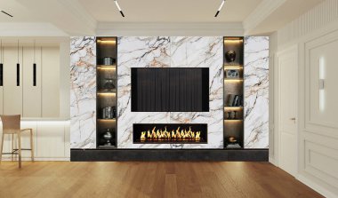 Modern bir dairenin iç tasarımı. İç mekanın 3 boyutlu görüntüsü. İç kısımda açık renk var. İç mekanda modern stil.