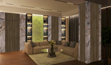 Modern bir dairenin iç tasarımı. İç mekanın 3 boyutlu görüntüsü. İç kısımda açık renk var. İç mekanda modern stil.