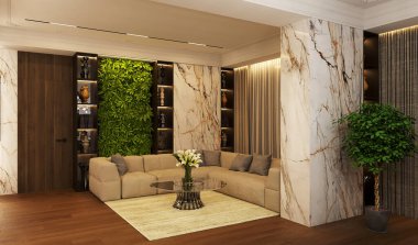 Modern bir dairenin iç tasarımı. İç mekanın 3 boyutlu görüntüsü. İç kısımda açık renk var. İç mekanda modern stil.