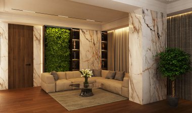 Modern bir dairenin iç tasarımı. İç mekanın 3 boyutlu görüntüsü. İç kısımda açık renk var. İç mekanda modern stil.