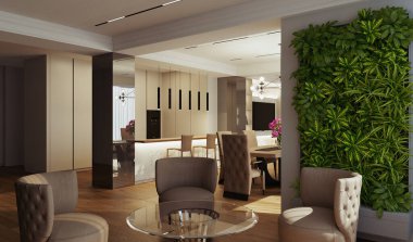 Modern bir dairenin iç tasarımı. İç mekanın 3 boyutlu görüntüsü. İç kısımda açık renk var. İç mekanda modern stil.