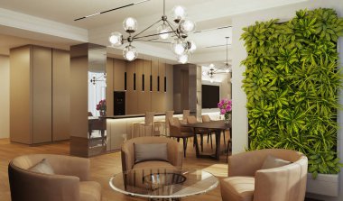 Modern bir dairenin iç tasarımı. İç mekanın 3 boyutlu görüntüsü. İç kısımda açık renk var. İç mekanda modern stil.