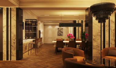 Akşam ışıklandırması olan modern bir daire tasarımı. 3 boyutlu görselleştirme. İçi aydınlık.