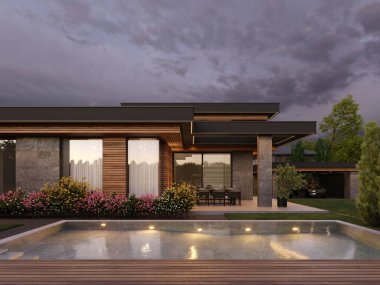 Düz çatılı ve panoramik pencereli modern bir ev. Dışarıdan. Yüzme havuzlu ve teraslı bir ev. Modern mimari