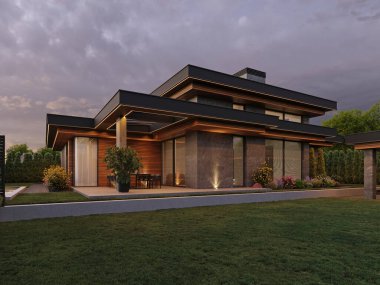 Düz çatılı ve panoramik pencereli modern bir ev. Dışarıdan. Yüzme havuzlu ve teraslı bir ev. Modern mimari