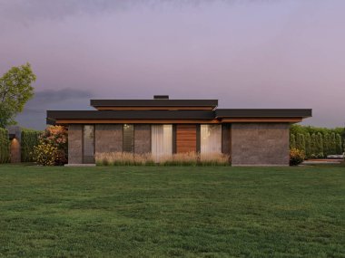 Düz çatılı ve panoramik pencereli modern bir ev. Dışarıdan. Yüzme havuzlu ve teraslı bir ev. Modern mimari