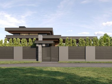 Düz çatılı ve panoramik pencereli modern bir ev. Dışarıdan. Yüzme havuzlu ve teraslı bir ev. Modern mimari