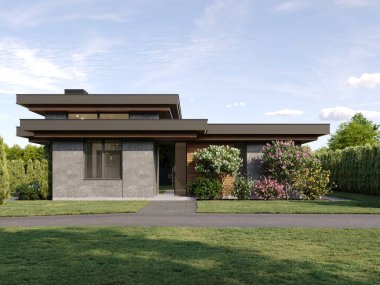 Düz çatılı ve panoramik pencereli modern bir ev. Dışarıdan. Yüzme havuzlu ve teraslı bir ev. Modern mimari