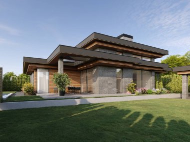 Düz çatılı ve panoramik pencereli modern bir ev. Dışarıdan. Yüzme havuzlu ve teraslı bir ev. Modern mimari