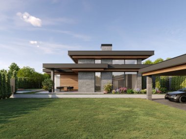 Düz çatılı ve panoramik pencereli modern bir ev. Dışarıdan. Yüzme havuzlu ve teraslı bir ev. Modern mimari