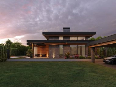 Düz çatılı ve panoramik pencereli modern bir ev. Dışarıdan. Yüzme havuzlu ve teraslı bir ev. Modern mimari