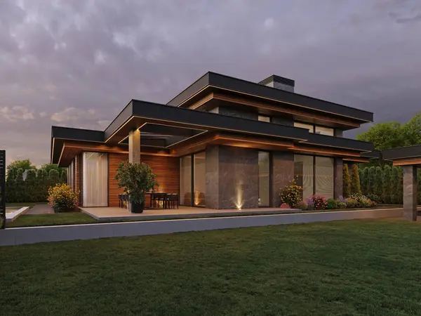 Düz çatılı ve panoramik pencereli modern bir ev. Dışarıdan. Yüzme havuzlu ve teraslı bir ev. Modern mimari