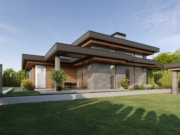 Düz çatılı ve panoramik pencereli modern bir ev. Dışarıdan. Yüzme havuzlu ve teraslı bir ev. Modern mimari