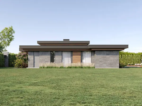 Düz çatılı ve panoramik pencereli modern bir ev. Dışarıdan. Yüzme havuzlu ve teraslı bir ev. Modern mimari