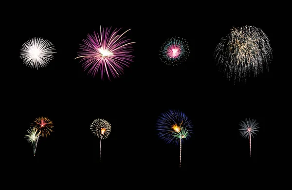 Verzameling Van Kleurrijke Feestelijke Acht Vuurwerk Exploderen Boven Nachtelijke Hemel — Stockfoto