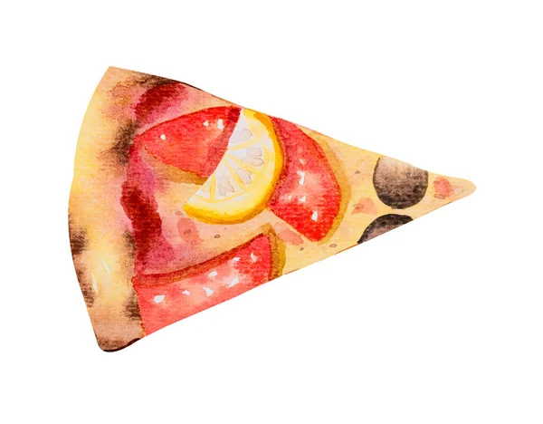 Kawałek Pizzy Mozzarellą Plasterkiem Tuńczyka Cytryną Oliwkami Akwarela Ręcznie Rysowane — Zdjęcie stockowe