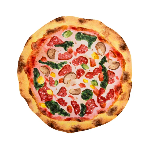 Pizza Bekonowa Topionym Serem Mozzarella Grzybami Słodką Papryką Przybranym Szpinakiem — Zdjęcie stockowe