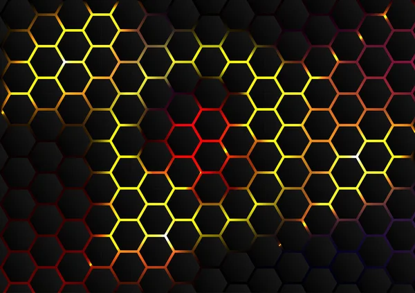 红色和黄色蜜蜂蜂蜜形状 黑底六边形网状蜂窝 — 图库矢量图片