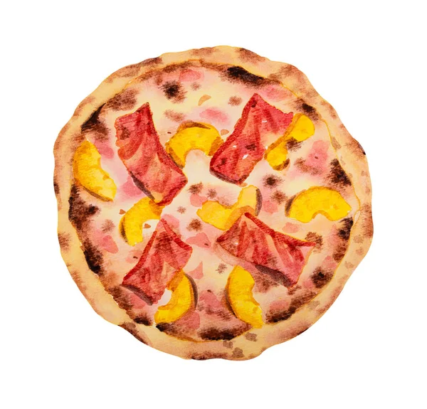 Pizza Szynką Parmeńską Ananasem Akwarela Ręcznie Rysowane Ilustracja Izolowane Białym — Zdjęcie stockowe