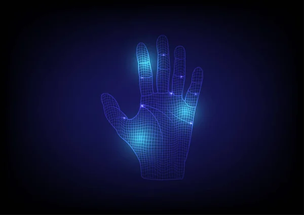 Wireframe Χέρι Λαμπερά Φώτα Εικονογράφηση Διάνυσμα Χέρι Επάνω Στο Μπλε — Διανυσματικό Αρχείο
