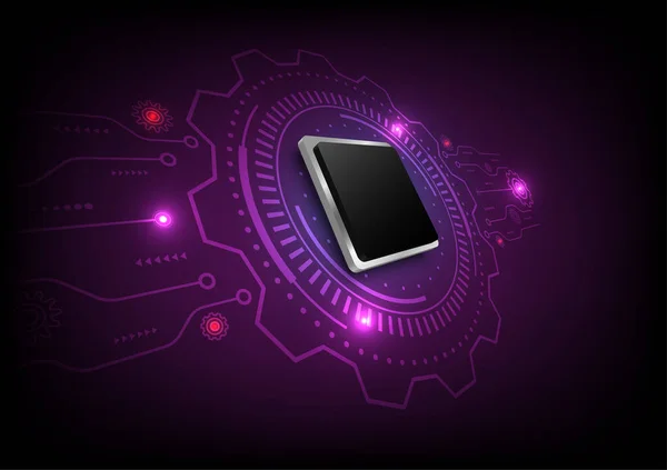 Procesador Microchip Abstracto Con Rueda Engranaje Sobre Fondo Púrpura Futurista — Vector de stock