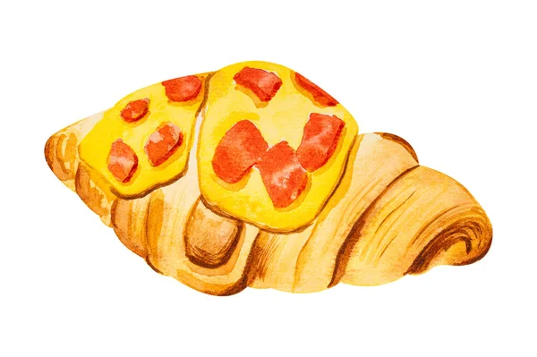 Croissant Bekonem Serem Akwarela Ręcznie Rysowane Ilustracja Izolowane Białym Tle — Zdjęcie stockowe