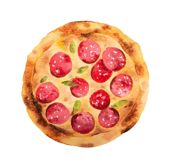 Pizza Pepperoni Akwarela Ręcznie Rysowane Ilustracja Izolowane Białym Tle — Zdjęcie stockowe