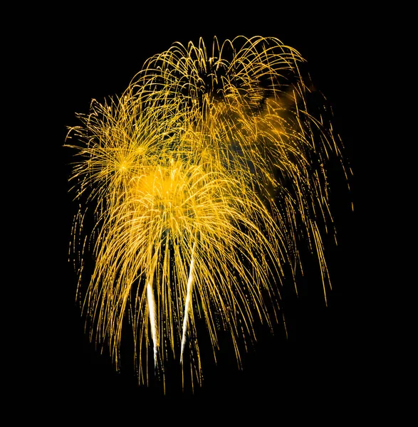 Feestelijke Gele Vuurwerk Display Geïsoleerd Zwarte Achtergrond Voor Viering Verjaardag — Stockfoto