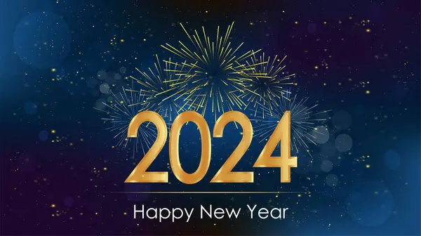 新年快乐2024美丽的闪光设计 金色的焰火和蓝色背景的爆竹灯 圣诞及新年假期贺卡的矢量图解 — 图库矢量图片#