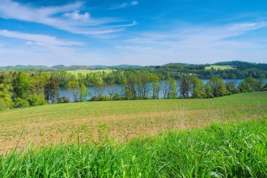 Pirk Gölü Vogtland 'da baharda tarlasıyla, Almanya