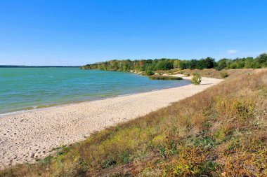 Partwitzer Gölü plajı Lusatian Gölü 'nde güneşli bir günde, Almanya' da