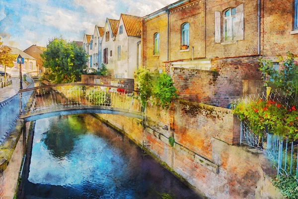 桥法国一个风景如画的小镇上一座横跨运河的桥水彩画阳光灿烂的日子里 旧砖楼附近的花坛 — 图库照片