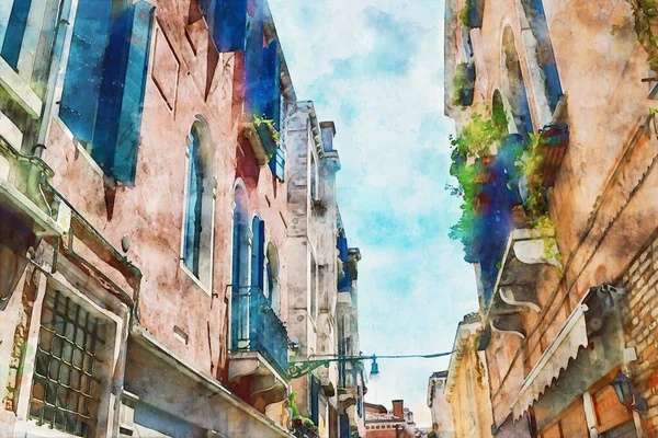 イタリアのヴェネツィアに中世の建物と絵のように狭い通り 水彩画 — ストック写真