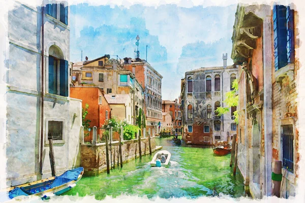 ヴェネツィア イタリアの中世の建物と水路と狭い通りの絵のような景色 水彩画 — ストック写真