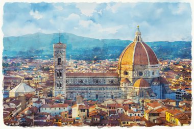 Santa Maria del Fiore Katedrali, Floransa, İtalya. Şehir merkezinin panoramik görüntüsü. Arka planda dağlar. Suluboya resim.