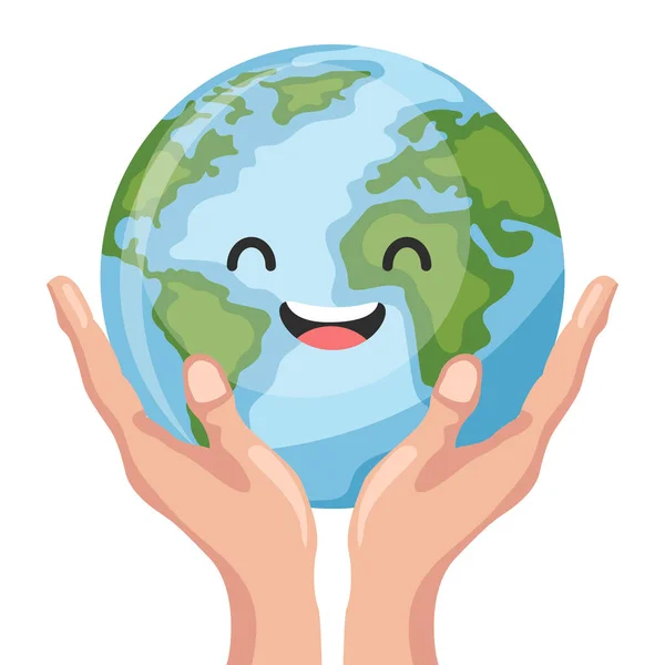 Händerna Håller Glada Tecknade Jorden Planet Design För Jorden Dag — Stock vektor