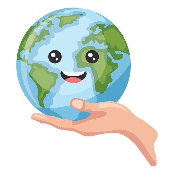 Mano Sosteniendo Feliz Planeta Tierra Dibujos Animados Para Día Tierra — Archivo Imágenes Vectoriales