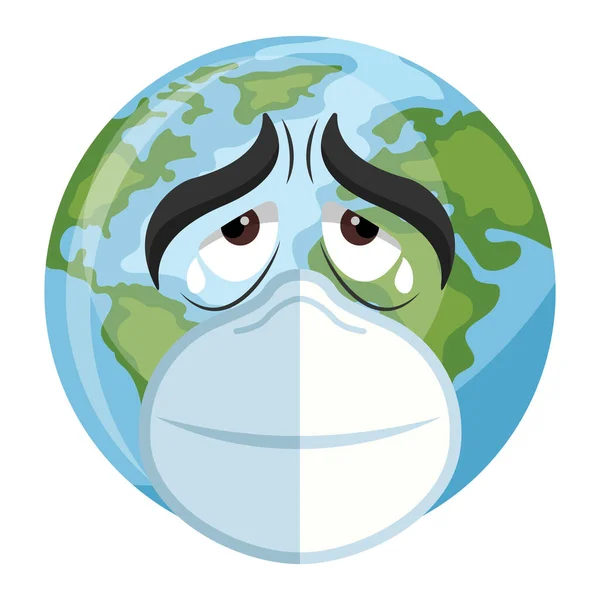 Diseño Del Planeta Tierra Caricatura Triste Con Máscara Para Día — Vector de stock
