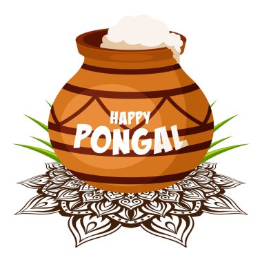 Hindistan 'da Pongal Hasat Festivali' niz kutlu olsun. Yiyecek, buğday, şeker kamışı yaprağı ve mandala dolu kil çömlek.
