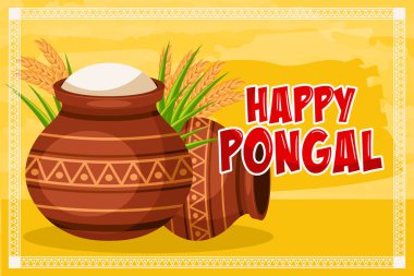 Geleneksel kil çömlekleri pirinç, şeker kamışı ve buğday Happy Pongal hasat festivali için suluboya arka planlı kutlama kartı.