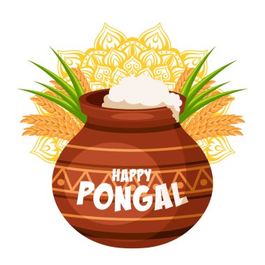 Geleneksel kil çömlek, şeker kamışı ve buğday Happy Pongal hasat festivali kutlama kartı ve mandala geçmişi