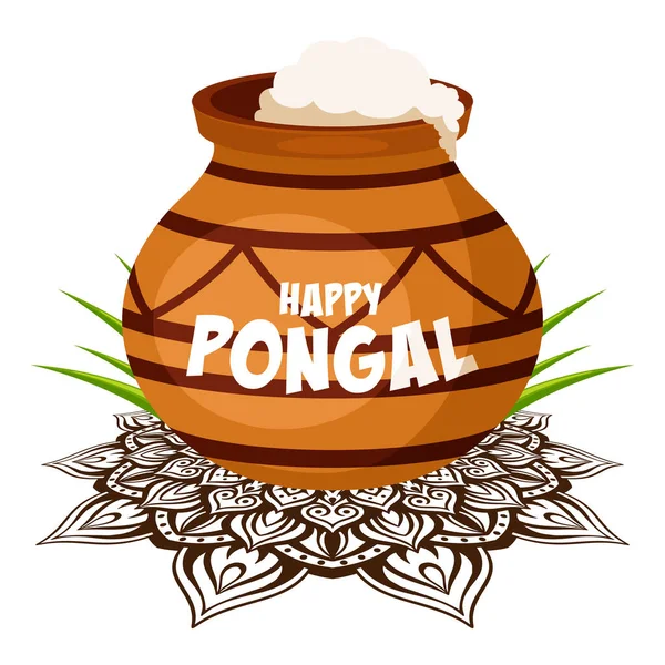 インドの幸せなポンガル収穫祭 サトウキビの葉とマンダラと粘土鍋 — ストックベクタ