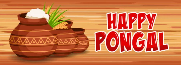 Happy Pongal Cartoon Style Banner Harvest Festival Celebration Traditional Clay — Stock Vector