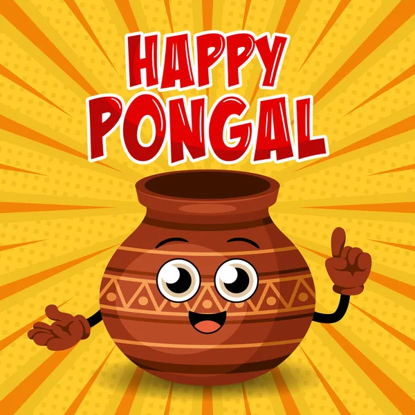 Happy Pongal Cartoon Style Card Harvest Festival Celebration Traditional Clay — Stock Vector