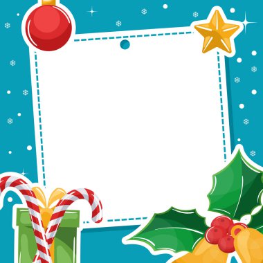 Kutsanmış yapraklar, hediyeler, Noel baloları ve arka planda kar olan şeker kamışlarıyla mutlu noel çerçeveleri.