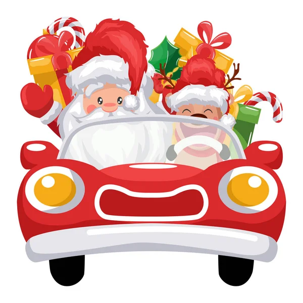 Санта Клаус Водіння Автомобіля Оленями Доставляє Подарунки Веселих Різдвяних Листівок — стоковий вектор