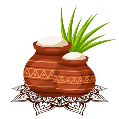 Mutlu Pongal Hasat Festivali için pirinç ve şeker kamışlı geleneksel kil çömlekleri. Mandala arka planlı kutlama kartı.