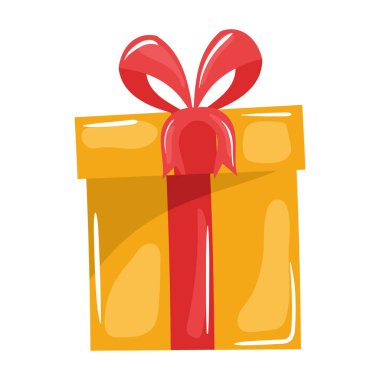 Sarı hediye kutusu. Mutlu Noeller kartı için kırmızı çizgi film.